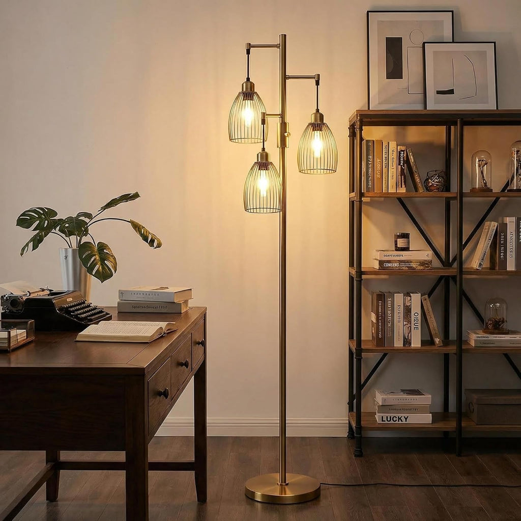 Dimmable Floor Lamp, Industrial Floor Lamps for Living Room, Antique Brass Tree Lamp Standing Lamp Tall Lamps with 3 Elegant Teardrop…