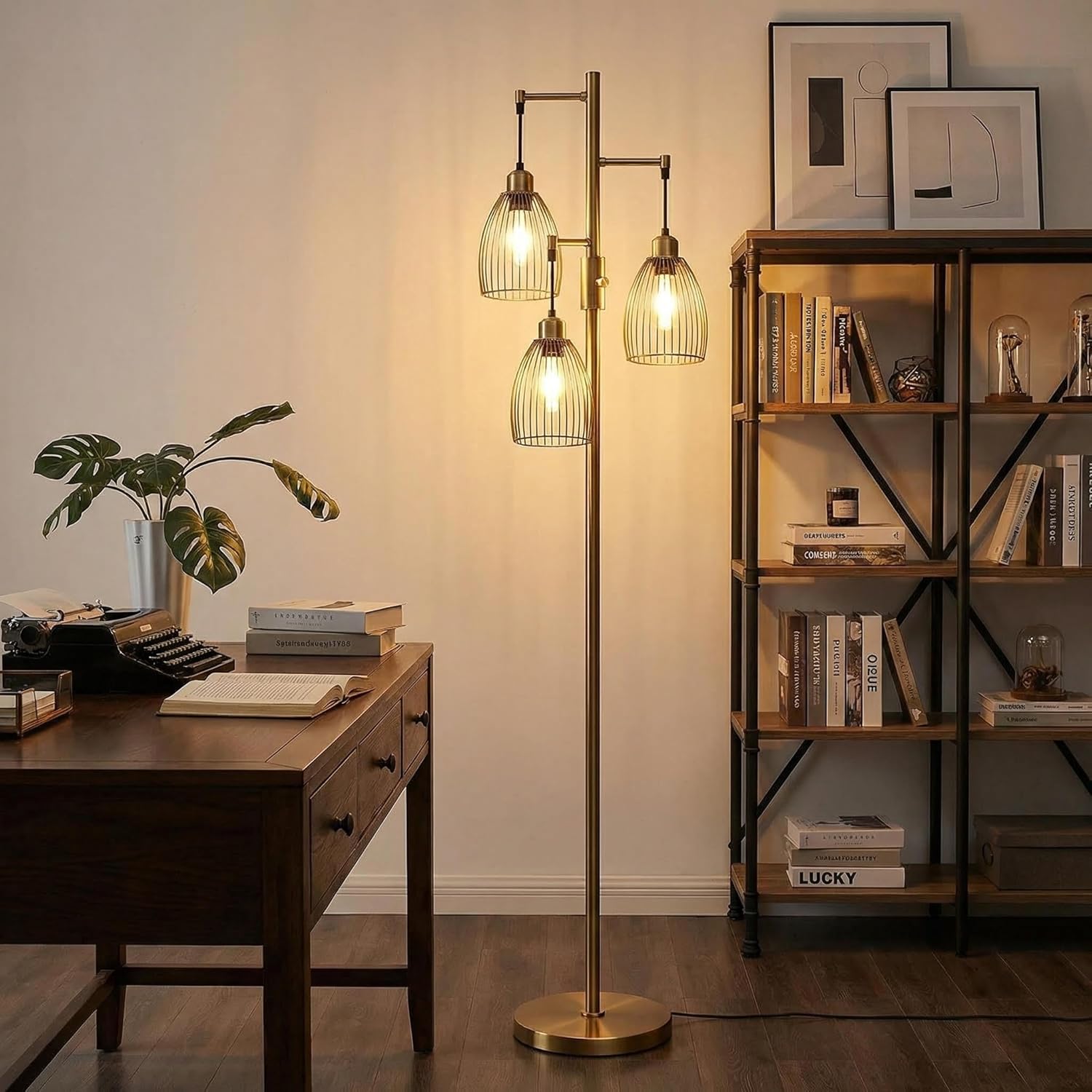 Dimmable Floor Lamp, Industrial Floor Lamps for Living Room, Antique Brass Tree Lamp Standing Lamp Tall Lamps with 3 Elegant Teardrop…