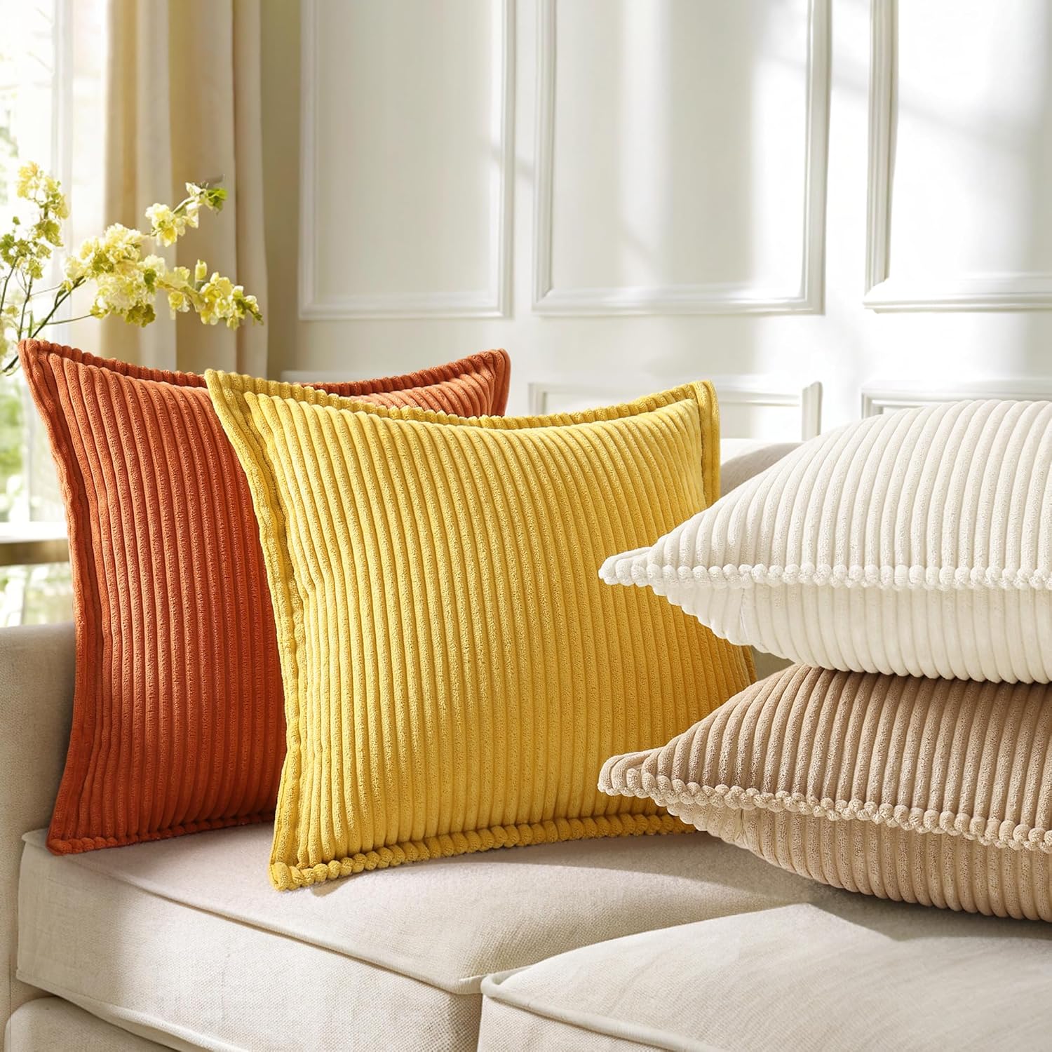 decorUhome Summer Corduroy Mustard Yellow Euro Sham Throw Pillow Covers 26x26 Set of 2 Decorative Soft Boho Farmhouse Couch Pillow Covers f…