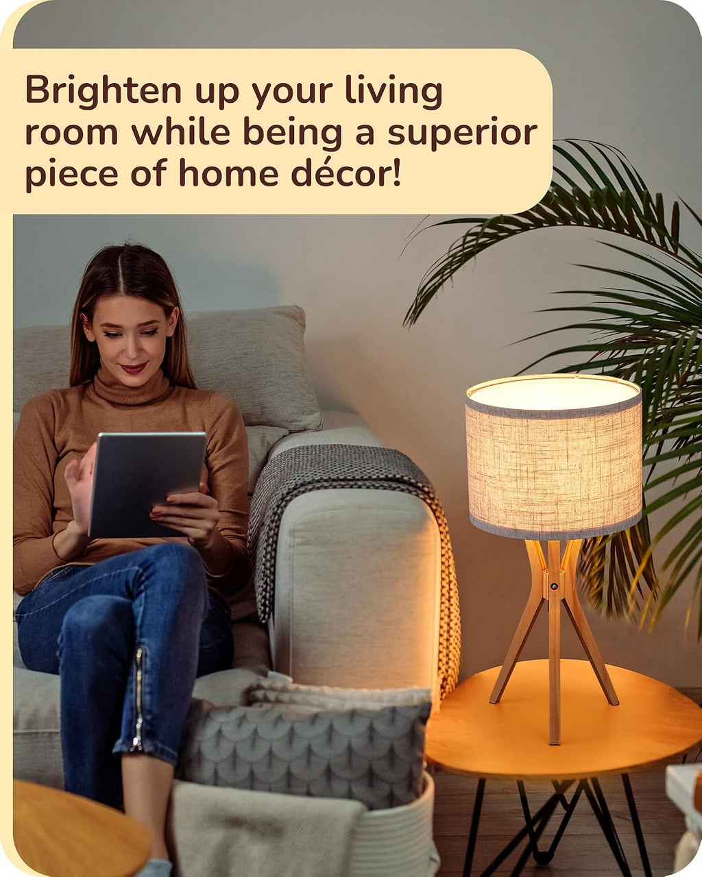 Edishine Tripod Table Lamp, 17.5" Modern Bedside Lamp with Natural Wood-Colored Lamp Legs & Beige Linen Lampshade, Boho Nightstand Lamp for…