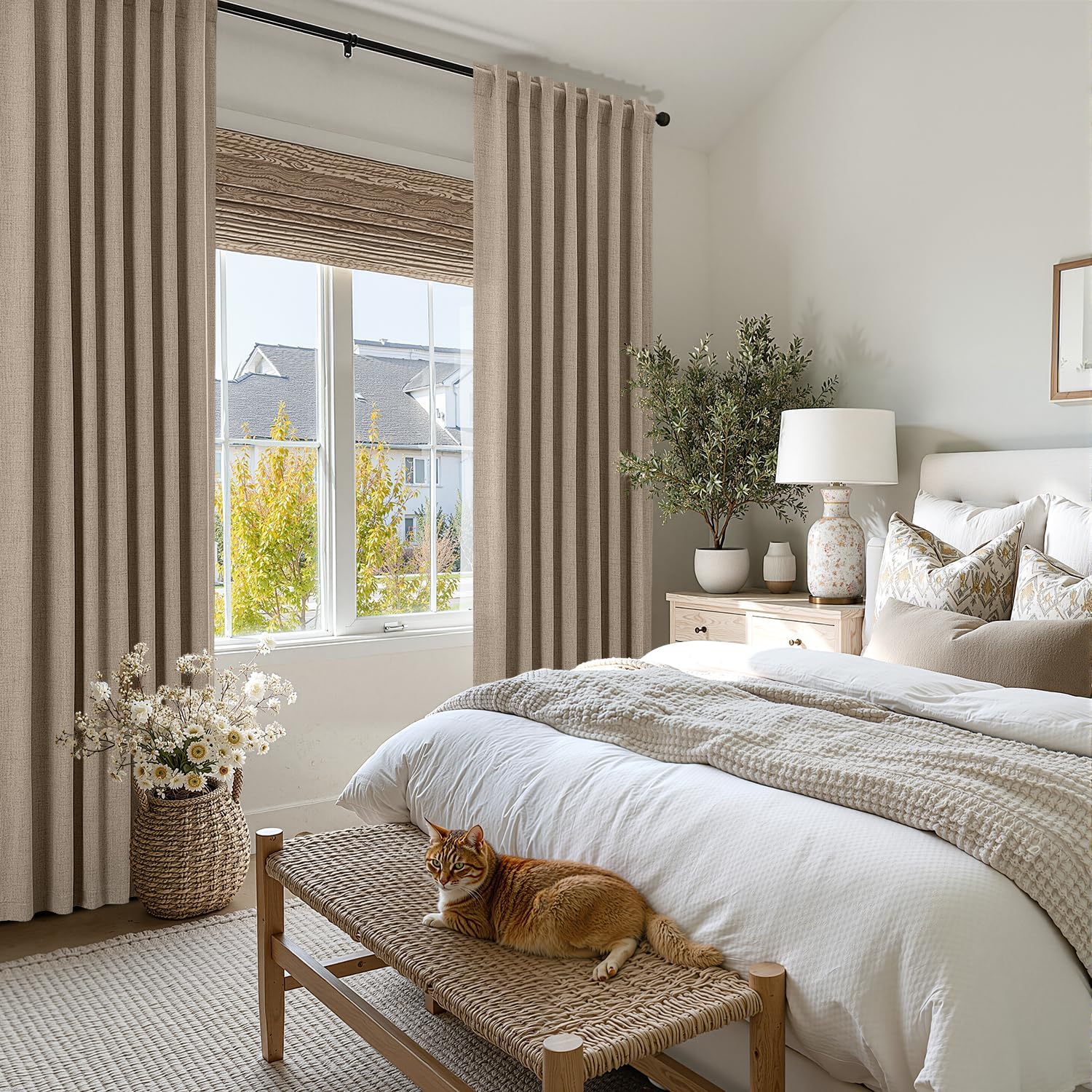 Miulee 100% Blackout Linen Curtains for Bedroom, Brown Solid Luxury Decor Thermal Insulation Room Darkening Drapes for Living Room Nursery…