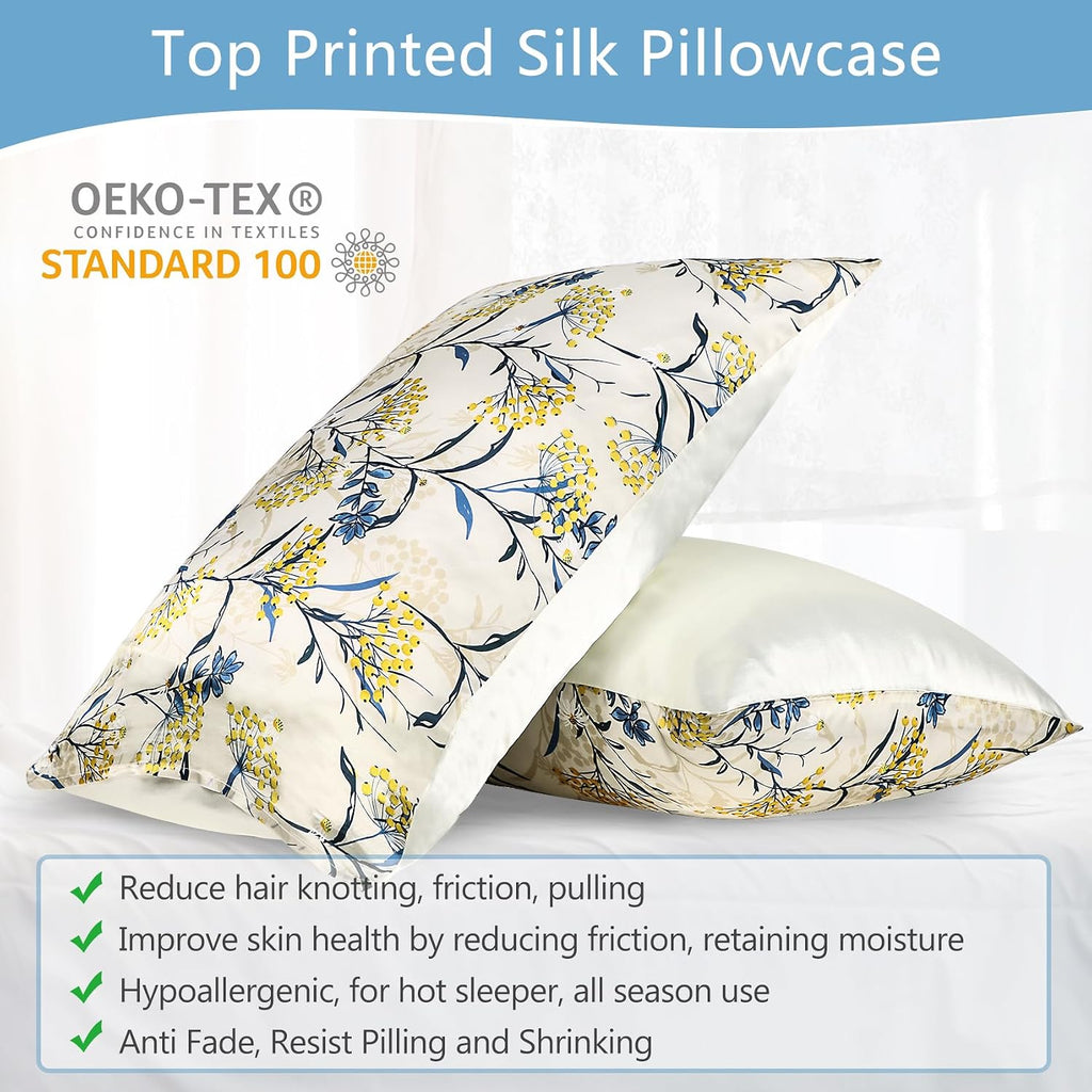 MANSPHIL Rustic Floral Silk Pillow Cases King, Botanical Printed 22 Momme Mulberry Silk Top with Satin Underside Pillowcase for Hair and…