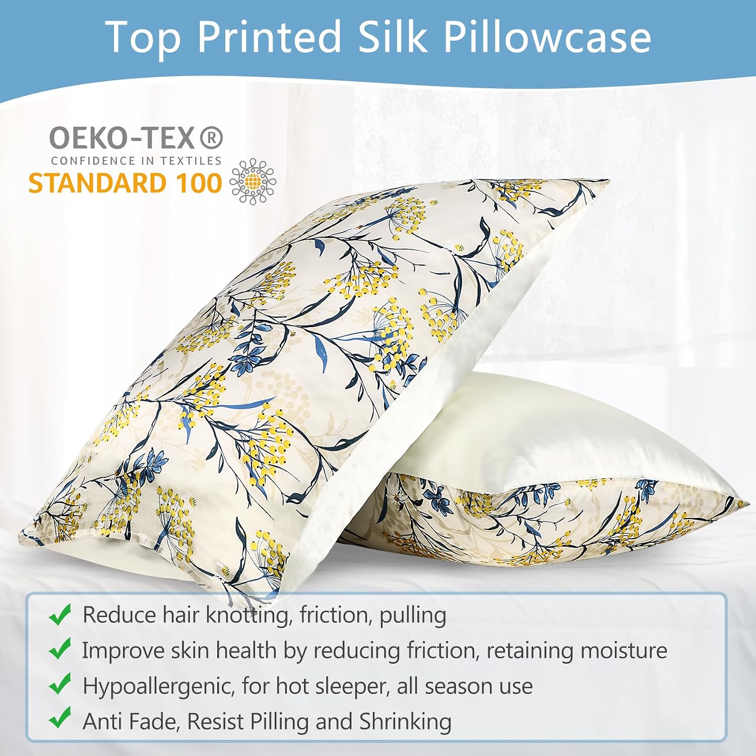 MANSPHIL Rustic Floral Silk Pillow Cases King, Botanical Printed 22 Momme Mulberry Silk Top with Satin Underside Pillowcase for Hair and…