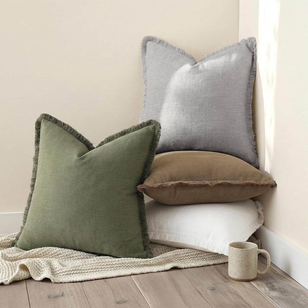 decorUhome Summer Decorative Neutral Linen Fringe Euro Sham Throw Pillow Covers Set of 2 Dark Grey Pillow Covers with Tassels Soft Farmhous…
