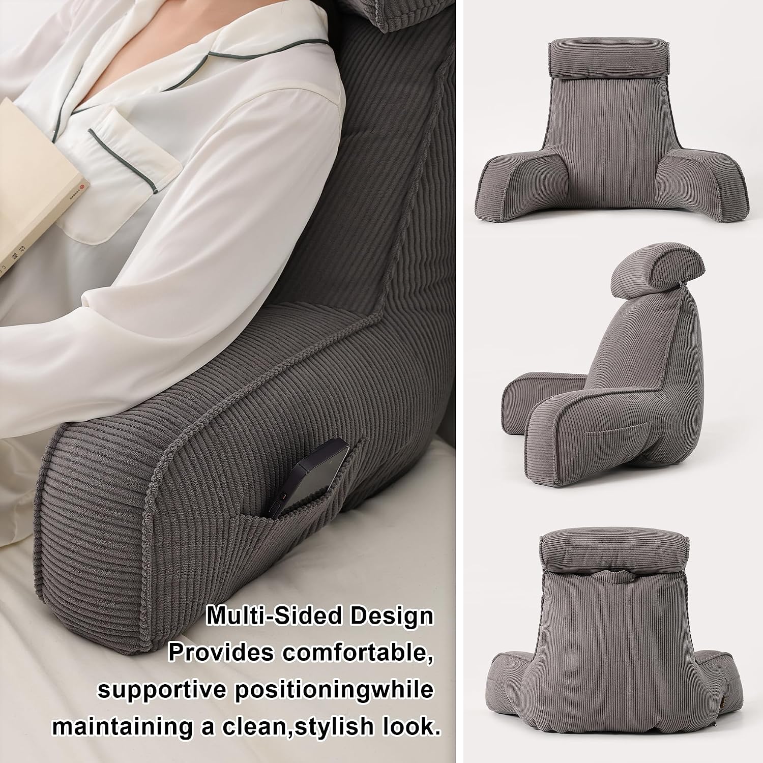 Ailuteie Reading Pillow for Sitting Up in Bed, Sofa & Floor – Corduroy Backrest Pillow with Arms, Side Pockets & Washable Cover, Bed Rest P…