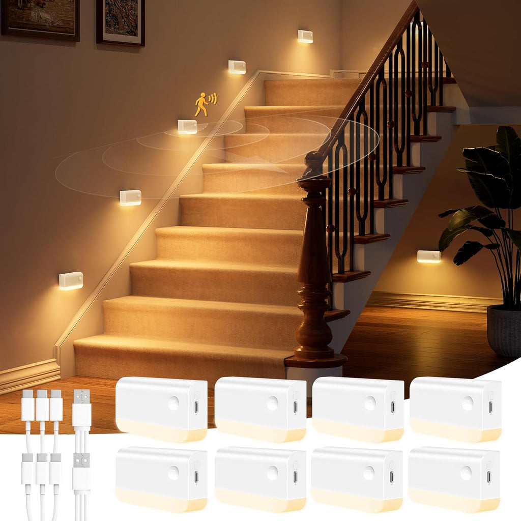NIORSUN Motion Sensor Stair Lights Indoor, 8 Pack Rechargeable Wireless Step Lights with 3 Color Temperatures, 1200mAh Battery, Magnetic…