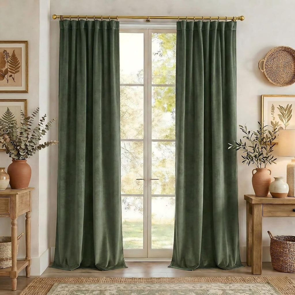 Nicetown Christmas Sage Green Velvet Spring Curtains 84 inches Long, Rod Pocket & Back Tab Room Darkening Heavyweight Winter Drapes for Nur…