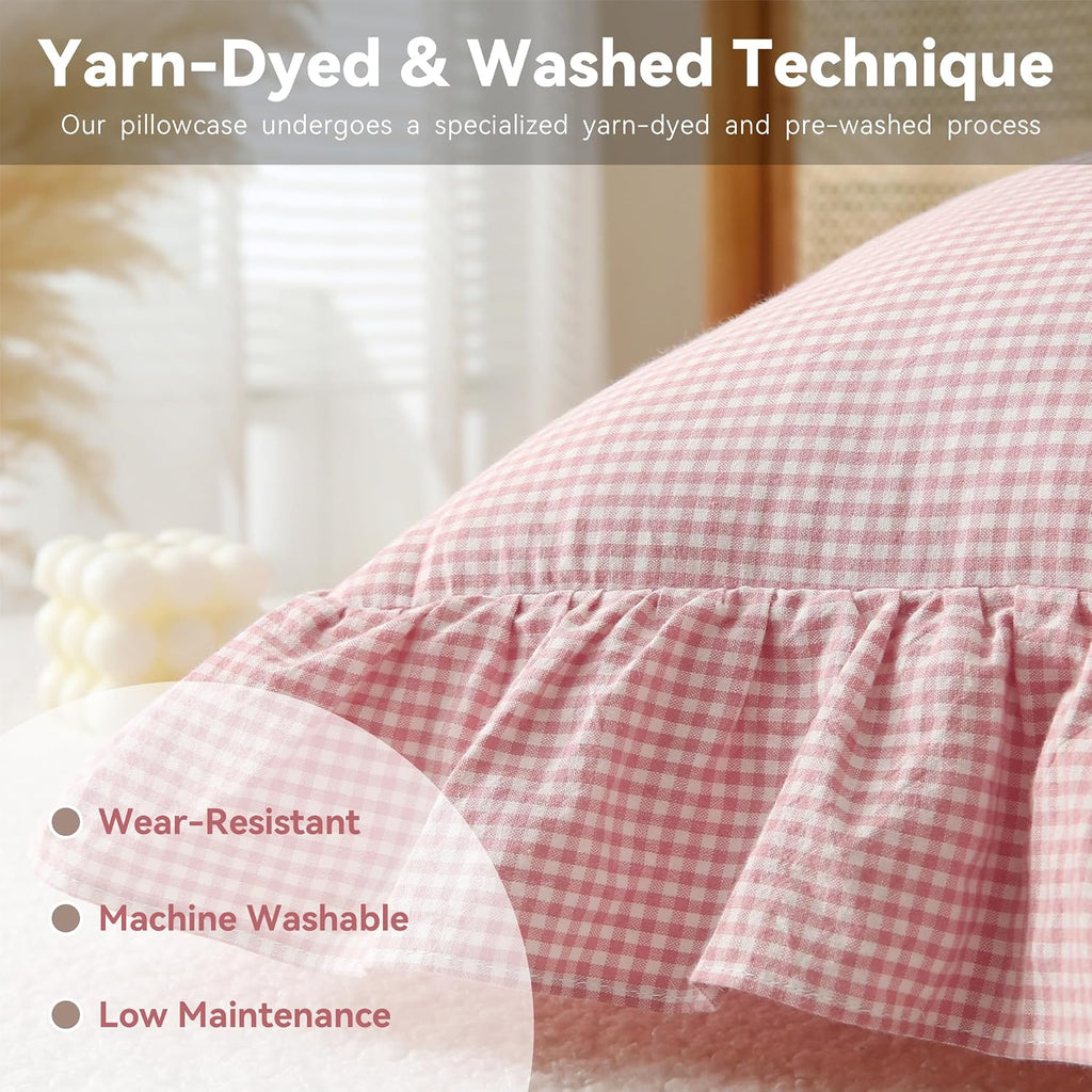 Jilboo Gingham Pillow Covers (2 Pack) - 18x18 Inches Pink/White Plaid, 100% Washed Cotton Vintage Ruffle Decorative Throw Pillowcases with…