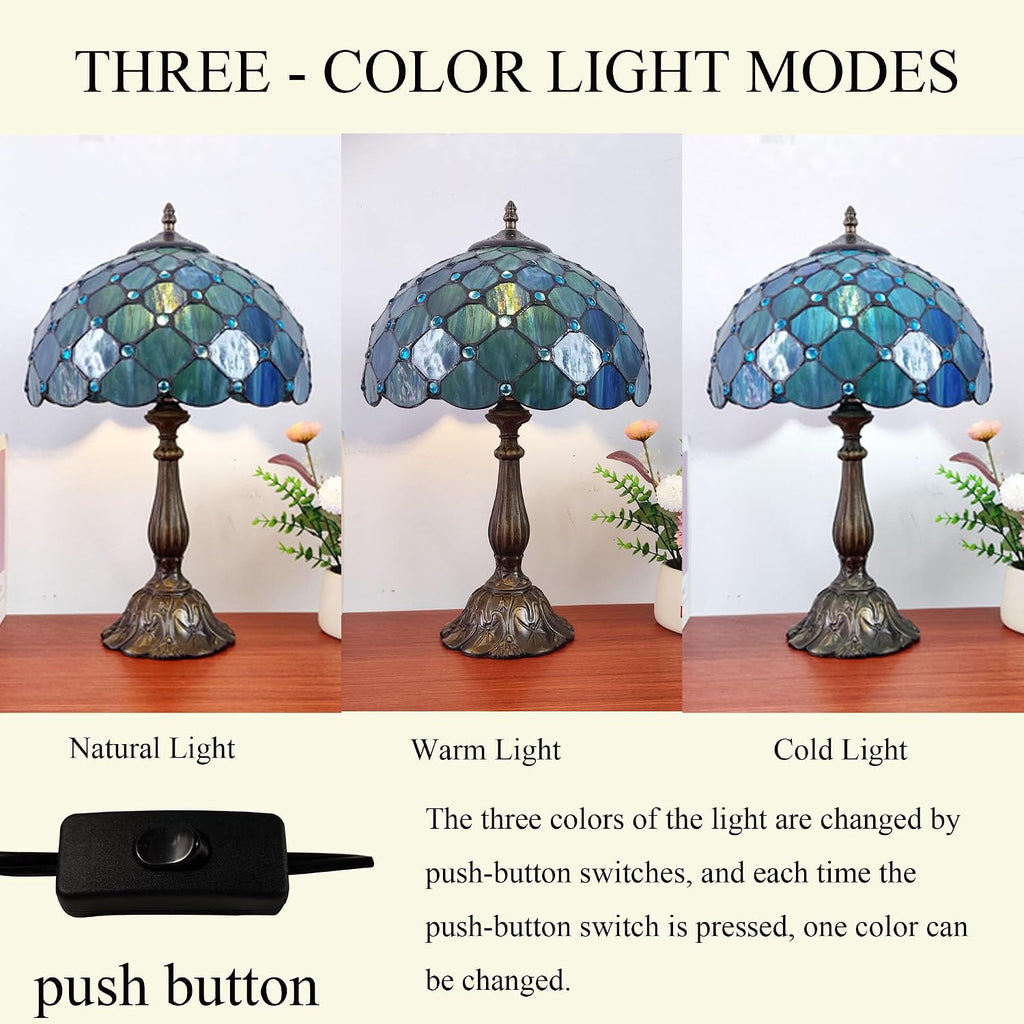 Tiffany Table Lamp Stained Glass Antique Bedside Nightstand Lamp Blue Pearl Style Small Antique Desk Light for Bedroom Living Room Home…