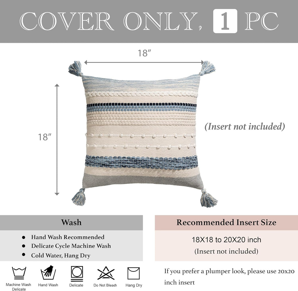 BlissBlush Coastal Blue Boho Decorative Throw Pillow Cover 18x18 Modern Bohemian Accent Pillow Case Square Woven Textured Farmhouse…