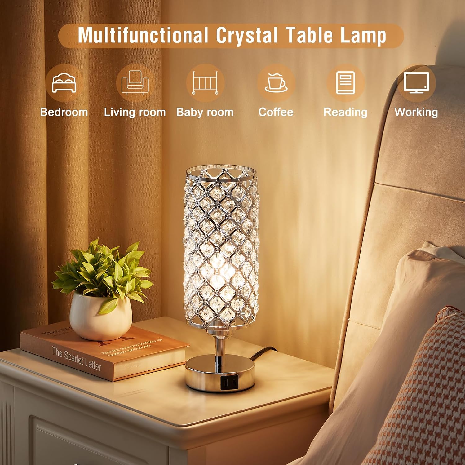 Crystal Touch Lamp with Touch Control, Sliver Table Lamp with USB-C+A Ports, 3 Way Dimmable Bedside Lamp Decorative Modern Nightstand…