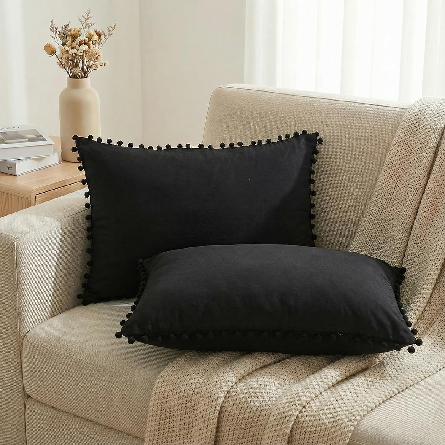 Moveover Black Pom Poms Pillowcases, Black Queen Pillow Cases Set of 2, 100% Washed Microfiber, Ball Fringe Pillow Cover, 2 Pack 2 Pack Bla…