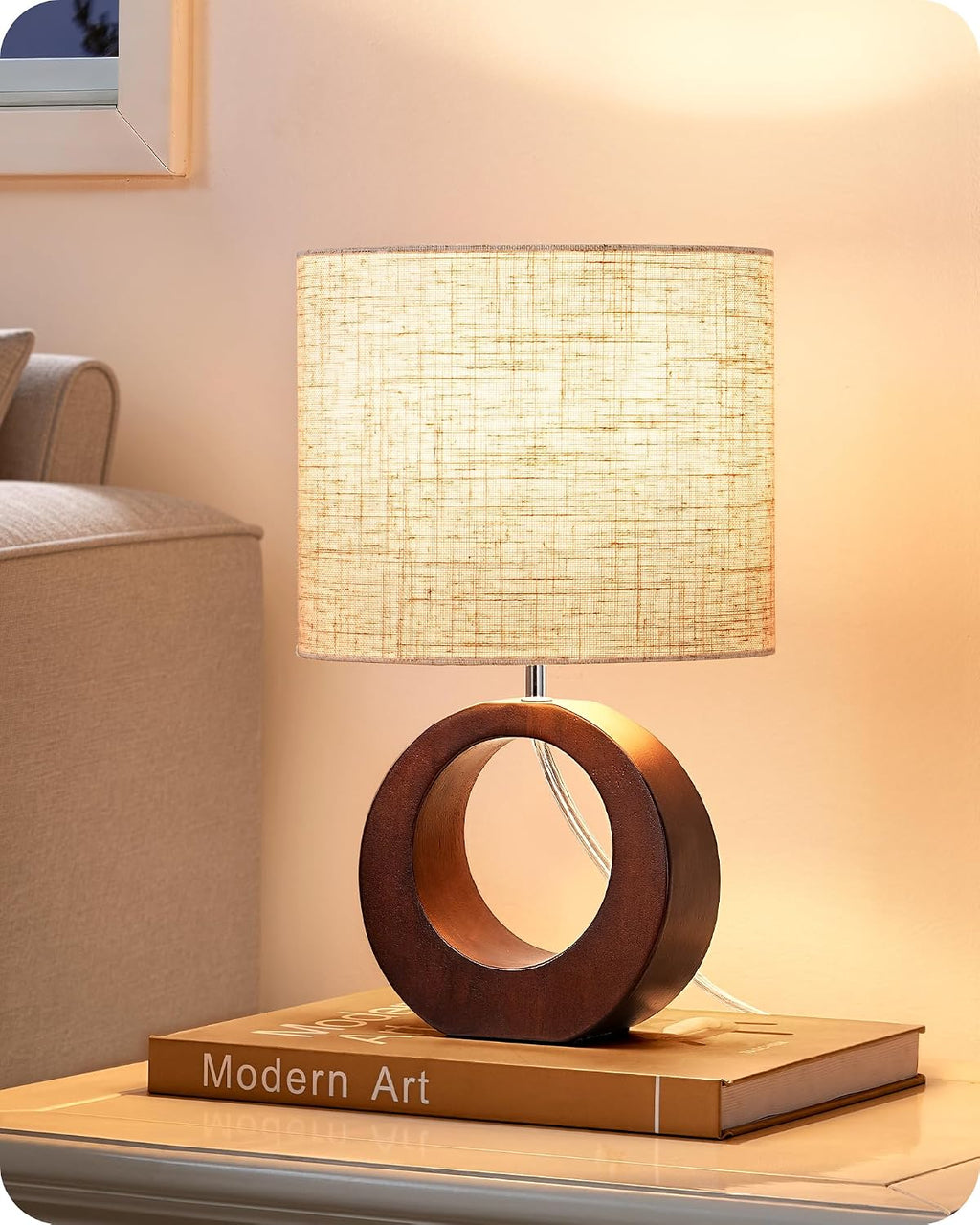EDISHINE 13.4" Samll Wood Table Lamp, Modern Bedside Lamp with Beige Linen Lampshade & ON-Off Switch, E26 Base, Nightstand Lamp for…