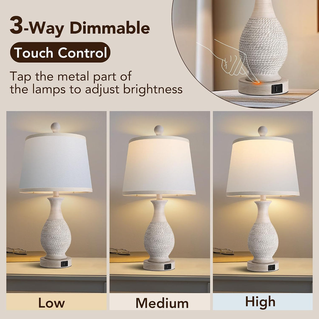 PARTPHONER Traditional Table Lamps Set of 2, Bedside Touch Lamp with USB C+A Charging Ports, Rustic Farmhouse Table Lamps for Living Room…