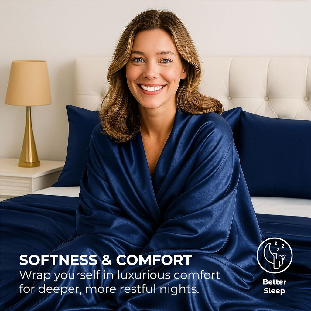 PureBedding Pure Bedding Satin Sheets King [4-Piece, Navy] Hotel Luxury Silky Bed Sheets Extra Soft 1800 Microfiber Sheet Set, Wrinkle, Fad…