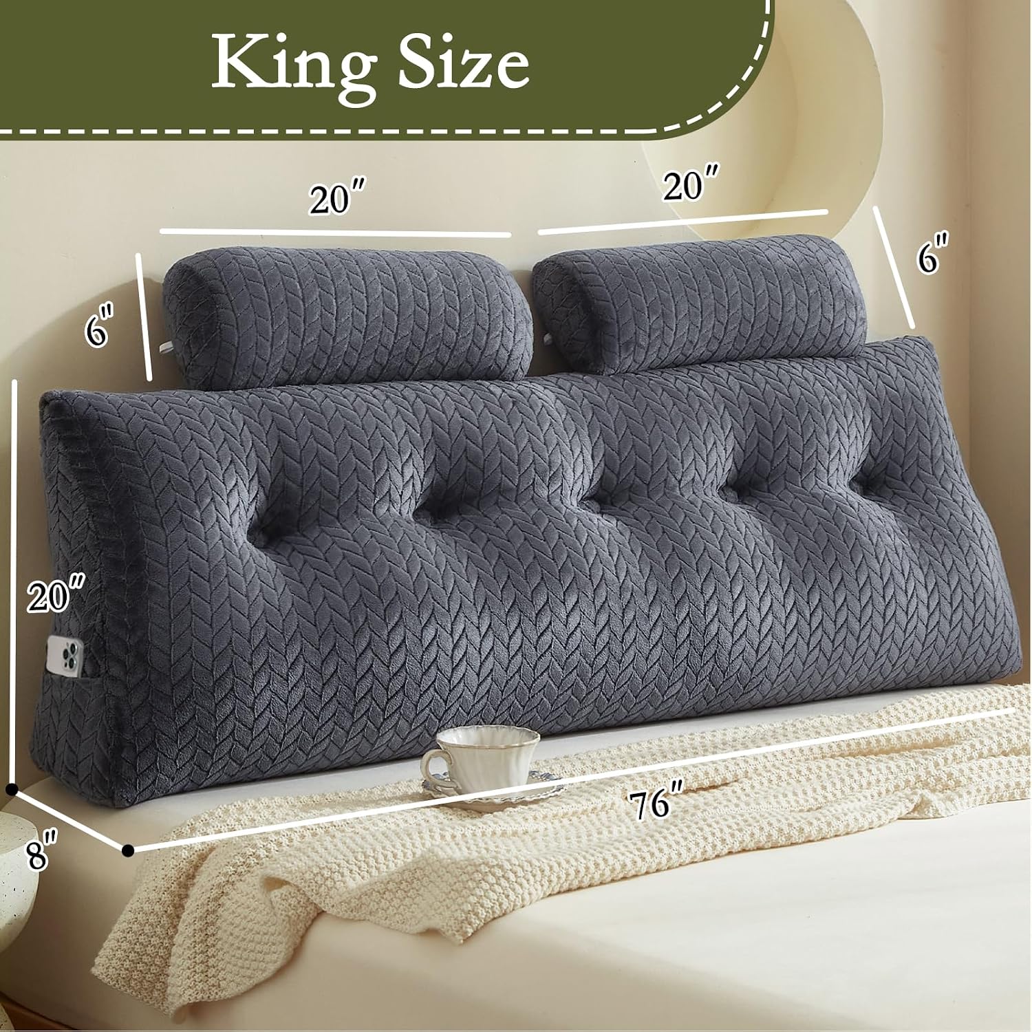 Yourmoon YOUR MOON Wedge Headboard Pillow King Size, Triangular Wedge Backrest Pillow with 1 Pack Neck Roll Pillows, Headboard Pillow for B…