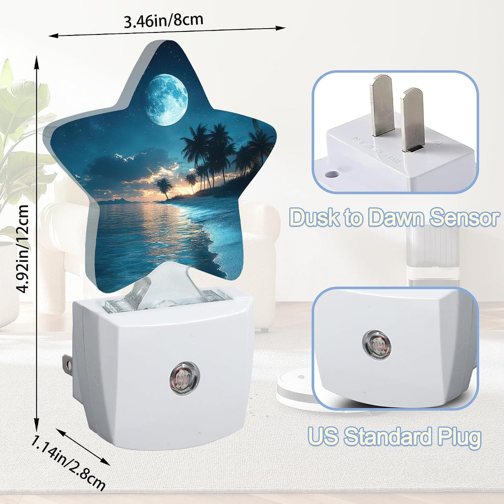 Snowmolle Moon Beach Night Light, Tropical Palm Tree Plug-in Star Night Lights with Dusk-to-Dawn Sensor for Bedroom, Bathroom, Living Room Sle…