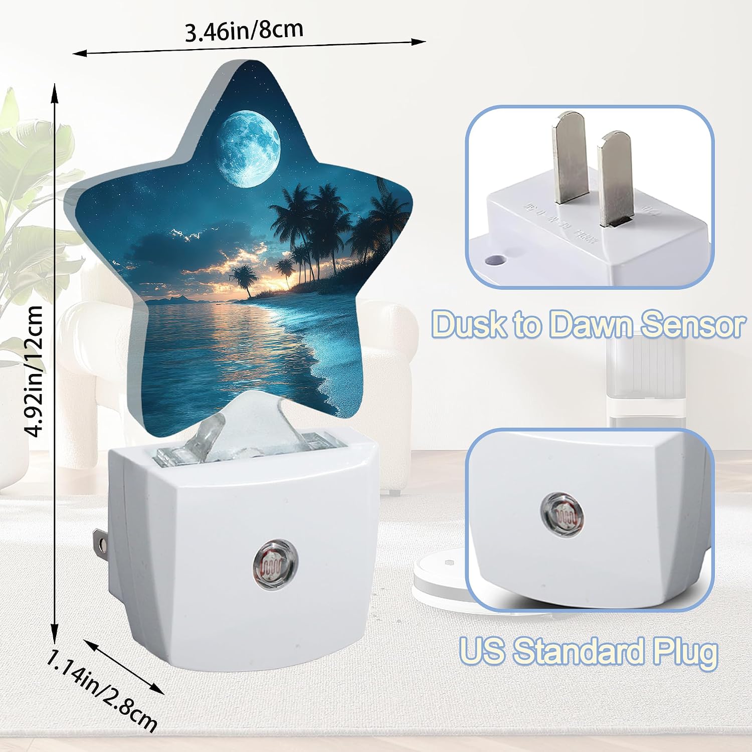 Snowmolle Moon Beach Night Light, Tropical Palm Tree Plug-in Star Night Lights with Dusk-to-Dawn Sensor for Bedroom, Bathroom, Living Room Sle…