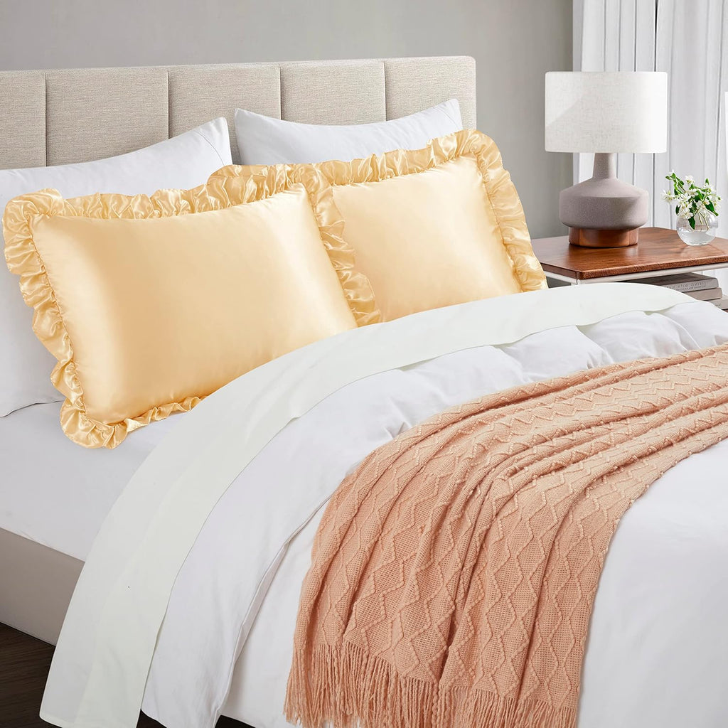 HommxJF Silky Satin Ruffled Pillow Cases for Hair and Skin, Gold Silk Pillowcases Standard Set of 2 with Envelope Closure Princess Room Deco…