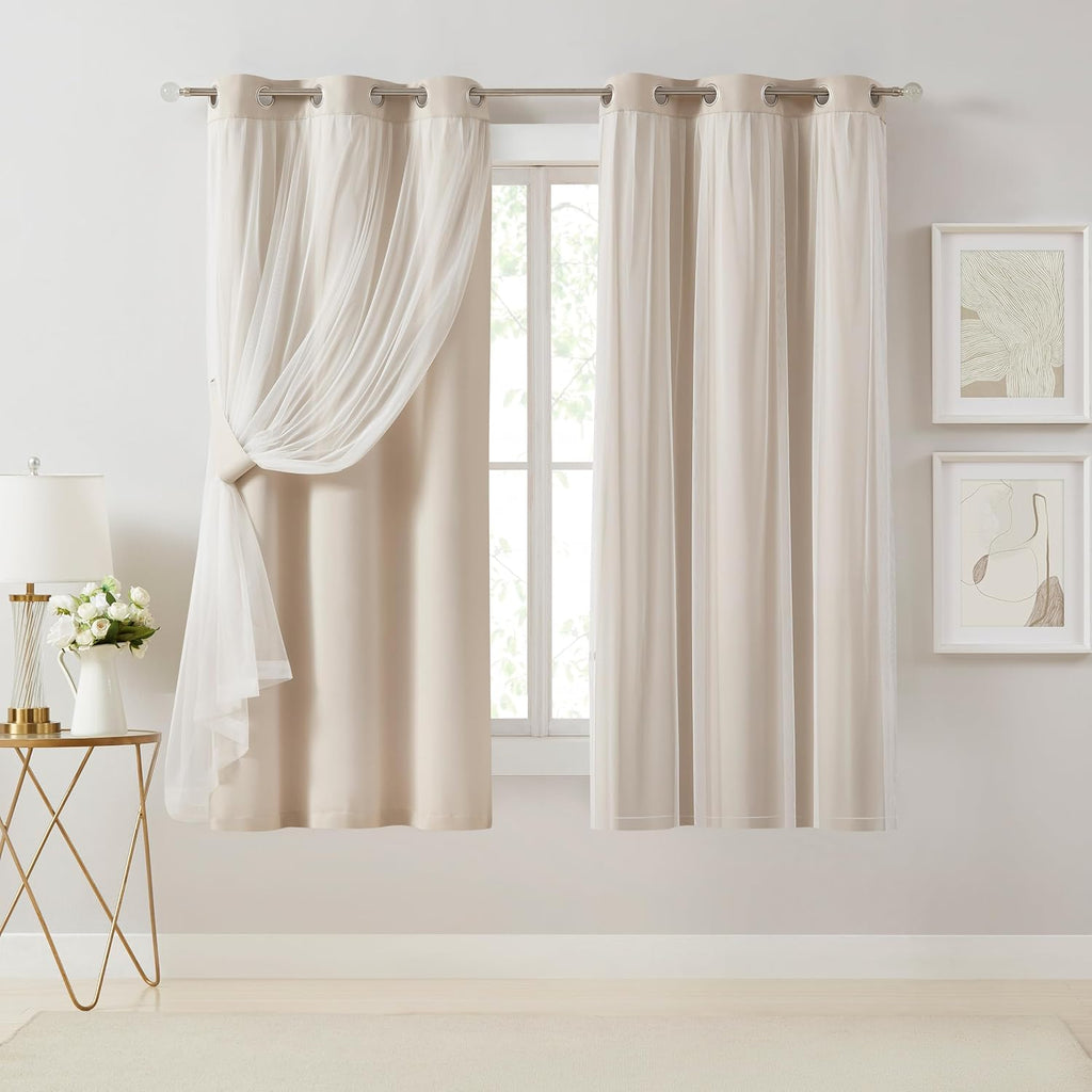 Bujasso Beige 80% Blackout Curtains with Sheer Overlay Mix and Match Double Layer Thermal Insulated Window Panels 63 inch for Living Room B…