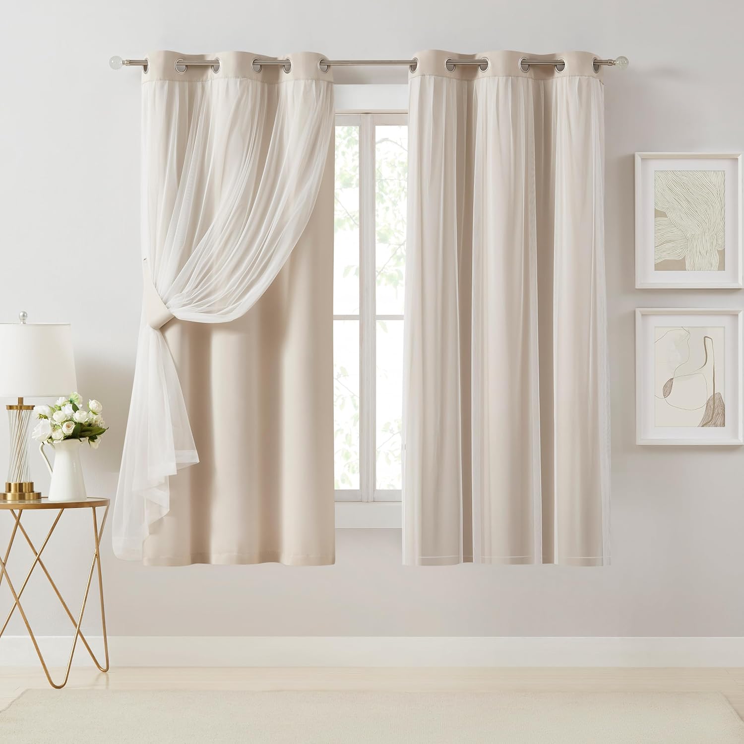 Bujasso Beige 80% Blackout Curtains with Sheer Overlay Mix and Match Double Layer Thermal Insulated Window Panels 63 inch for Living Room B…