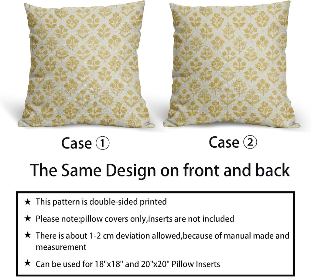Yellow Floral Pillow Covers 20x20 Inch Set of 2, Vintage Flower Block Print Pattern Decorative Throw Pillowcases Outdoor Farmhouse…