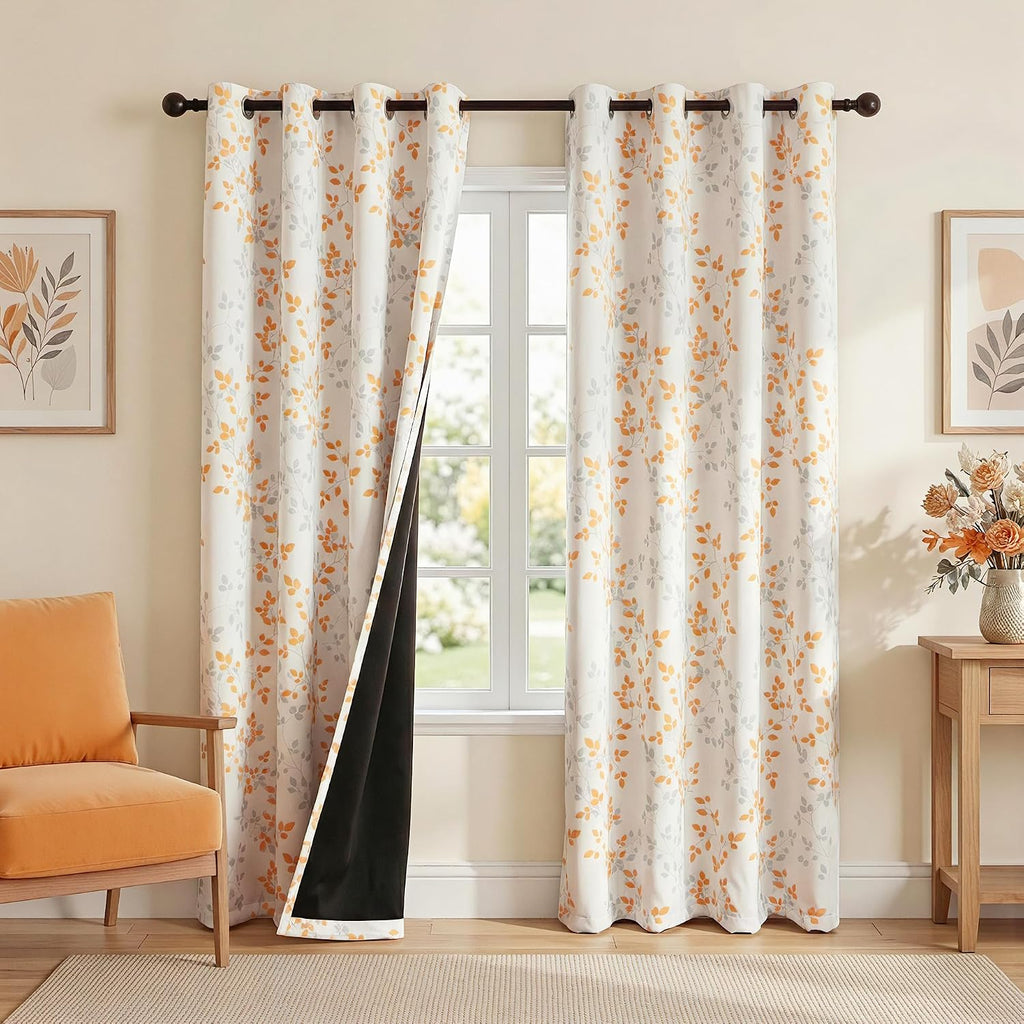 Meetsky 95% Blackout Curtains 84 Inch Long 2 Panels Set for Living Room - Grey and Orange Leaves Patterned Thermal Insulated Room Darkening…