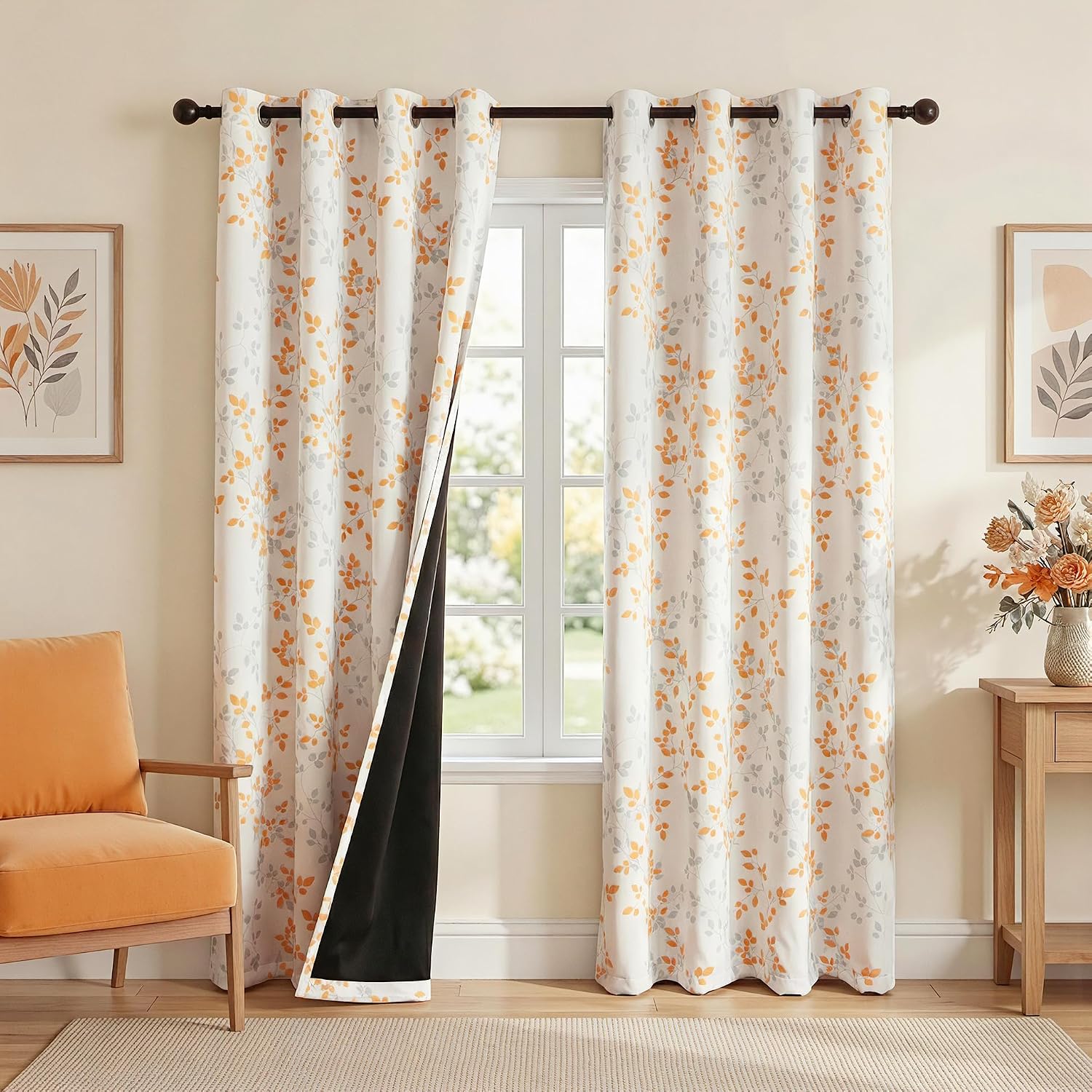 Meetsky 95% Blackout Curtains 84 Inch Long 2 Panels Set for Living Room - Grey and Orange Leaves Patterned Thermal Insulated Room Darkening…