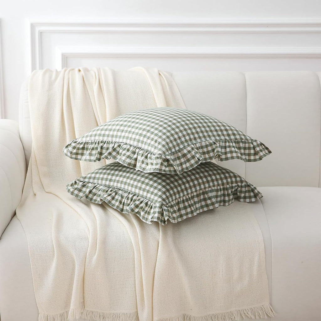 Kmasaniji 2 Pack Sage Green Plaid Ruffle Gingham Throw Pillow Covers, 100% Washed Cotton Checkered Farmhouse Decorative Pillow Shams for Be…