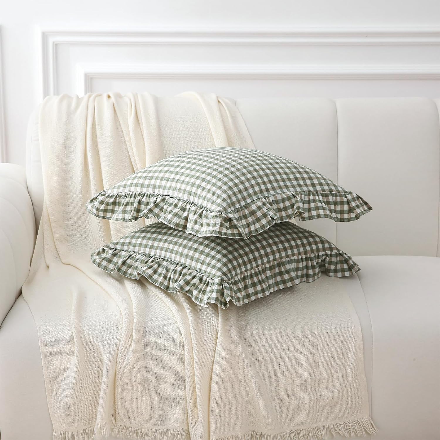 Kmasaniji 2 Pack Sage Green Plaid Ruffle Gingham Throw Pillow Covers, 100% Washed Cotton Checkered Farmhouse Decorative Pillow Shams for Be…