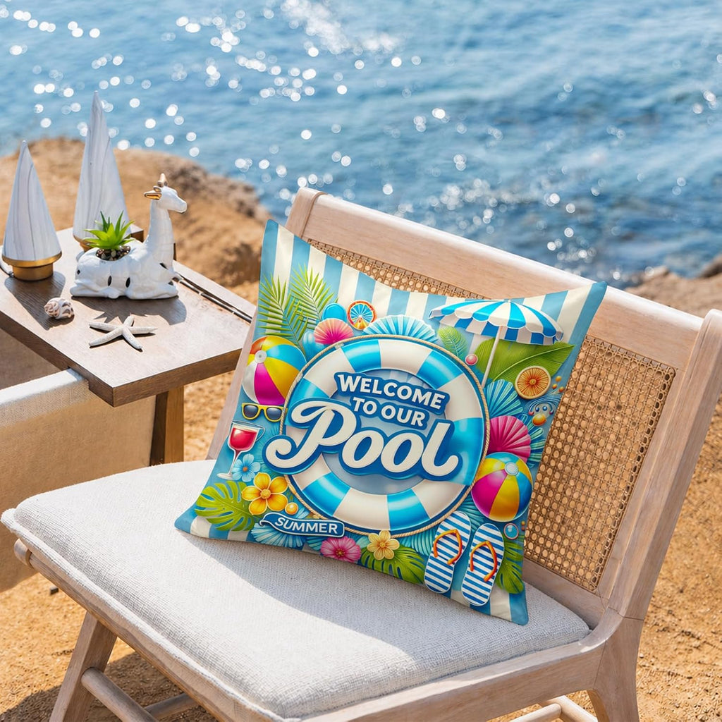 BlissYard Throw Pillow Covers 18x18 Welcome to Our Summer Pool Decorative Pillow Covers Beach Theme Cushion Covers Coastal Swimming Pool…
