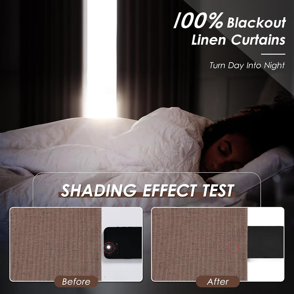 Nanspring Caramel Brown 100% Blackout Linen Curtains for Bedroom 96 Inches Long Back Tab Rod Pocket Thermal Insulated Vintage Black Black O…
