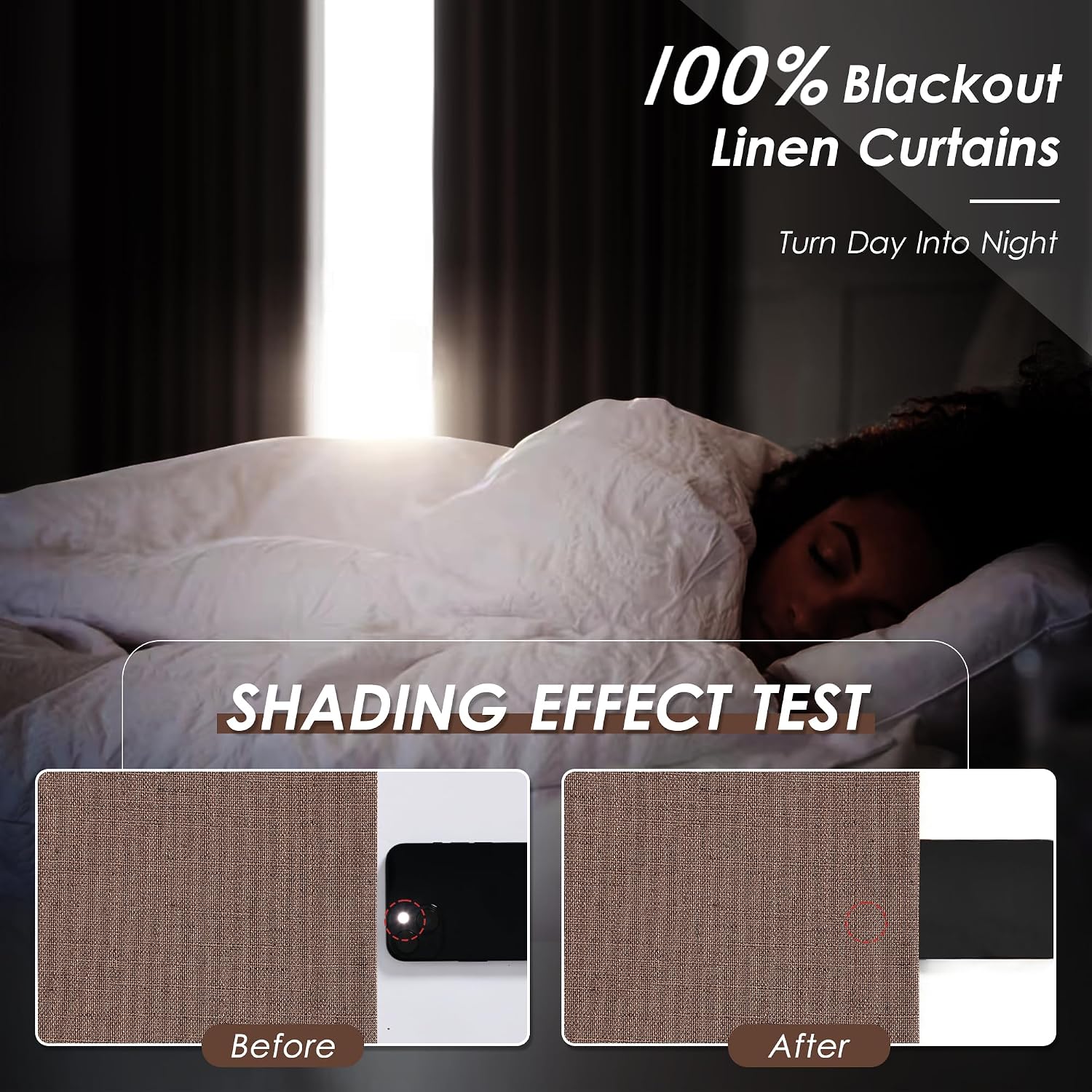 Nanspring Caramel Brown 100% Blackout Linen Curtains for Bedroom 96 Inches Long Back Tab Rod Pocket Thermal Insulated Vintage Black Black O…