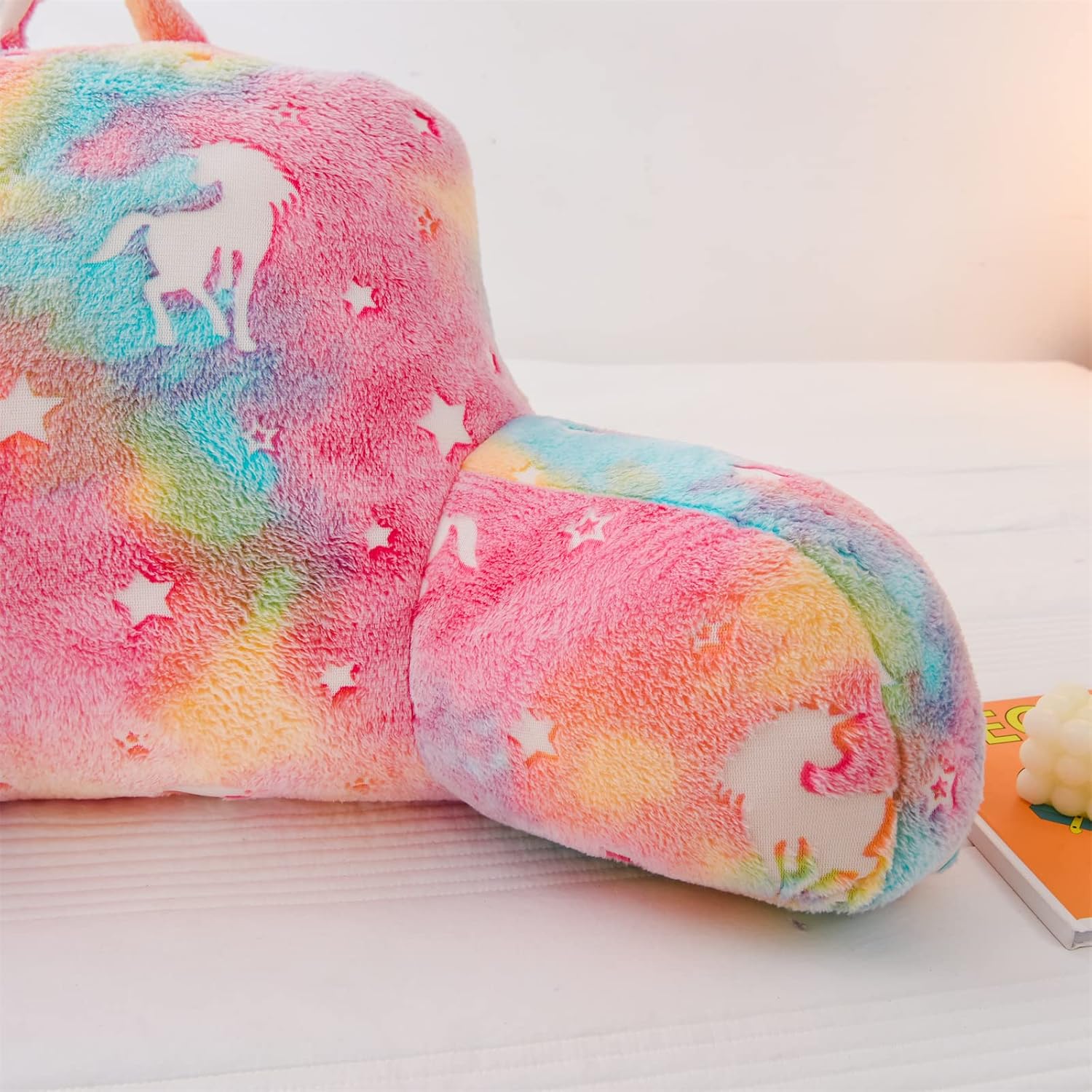 Anicenight A Nice Night Unicorn Plush Reading Pillow Glow in The Dark Colorful Star Bed Wedge Children Backrest with Arms Back Support for…