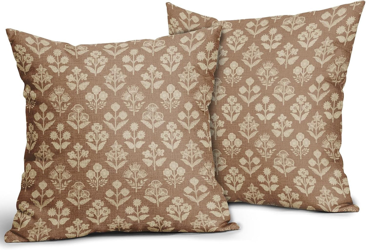 Brown Floral Block Print Pillow Covers 20x20 Inch Set of 2, Vintage Flower Pattern Decorative Throw Pillowcases Outdoor Farmhouse Cushion…