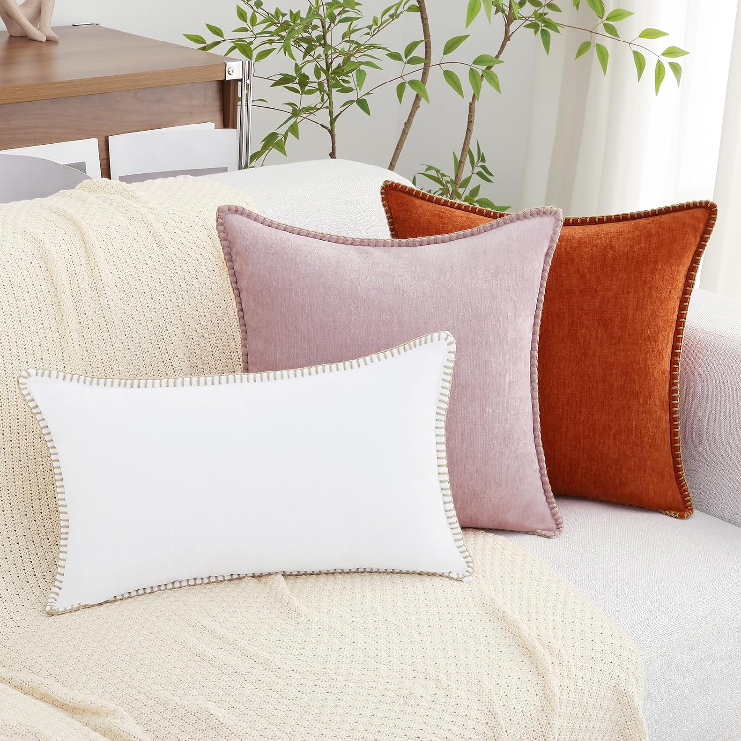 decorUhome Summer Chenille Soft Cozy Throw Pillow Covers 12x20 Set of 2, Modern Farmhouse Boho Velvet Decorative Pillow Cases with Stitched…