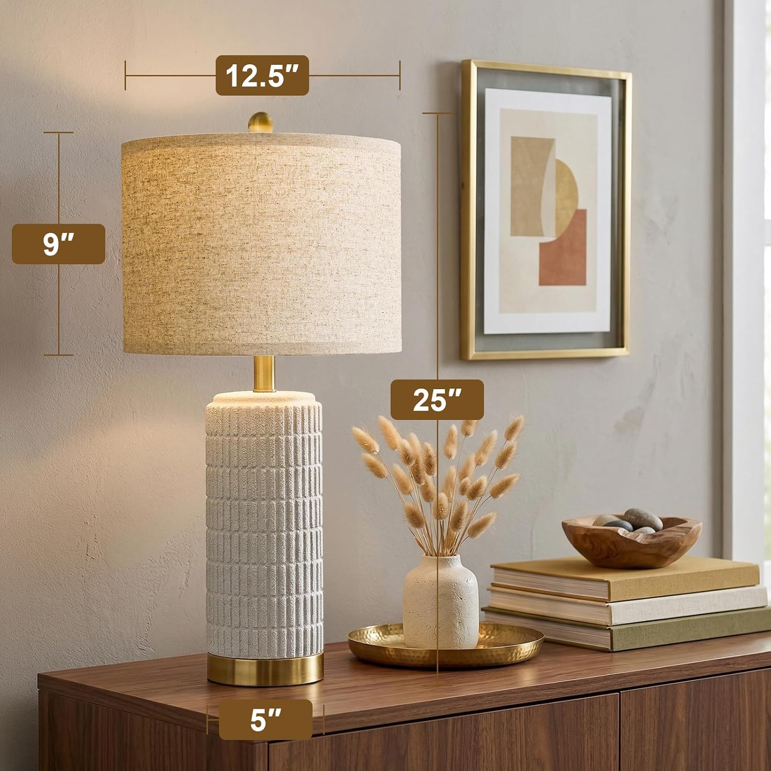 PoKat Farmhouse Table Lamps for Living Room Set of 2 with Gold Base, 25'' Stone-Like Bedside Lamps for Bedroom Night Stands, Ructic…