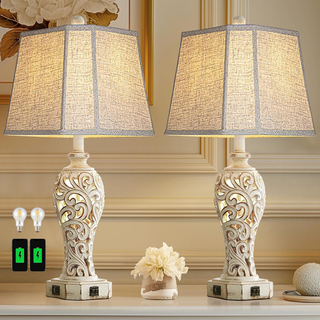 Set of 2 Rustic Table Lamps for Living Room Bedroom, Farmhouse Vintage Nightstand Lamp with 2 USB Ports, Hollow Out Resin Lamp for End…