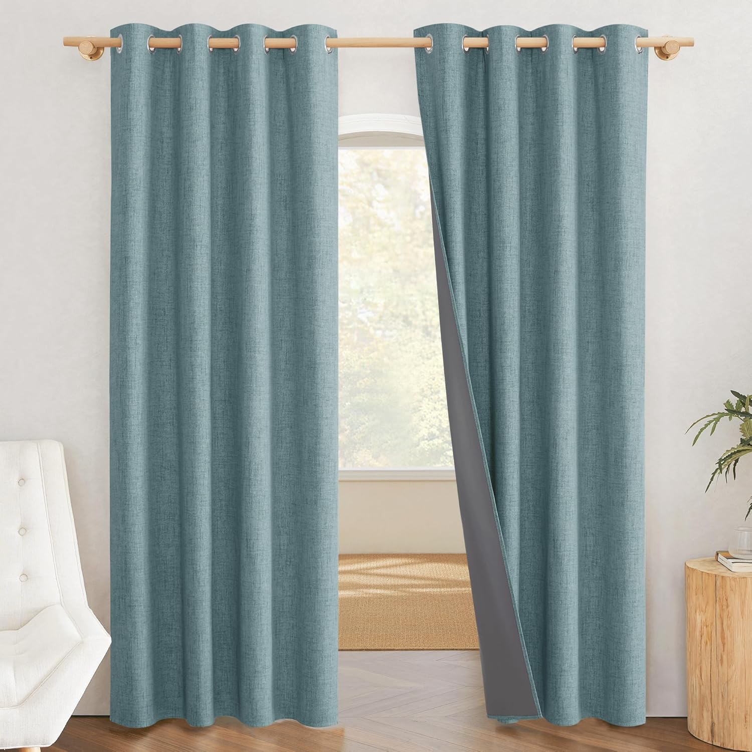 NICETOWN 100% Absolutely Blackout Linen Curtains with Thermal Insulated White Liner, Skylark Blue, 52 inches Wide, 84 inches Length…