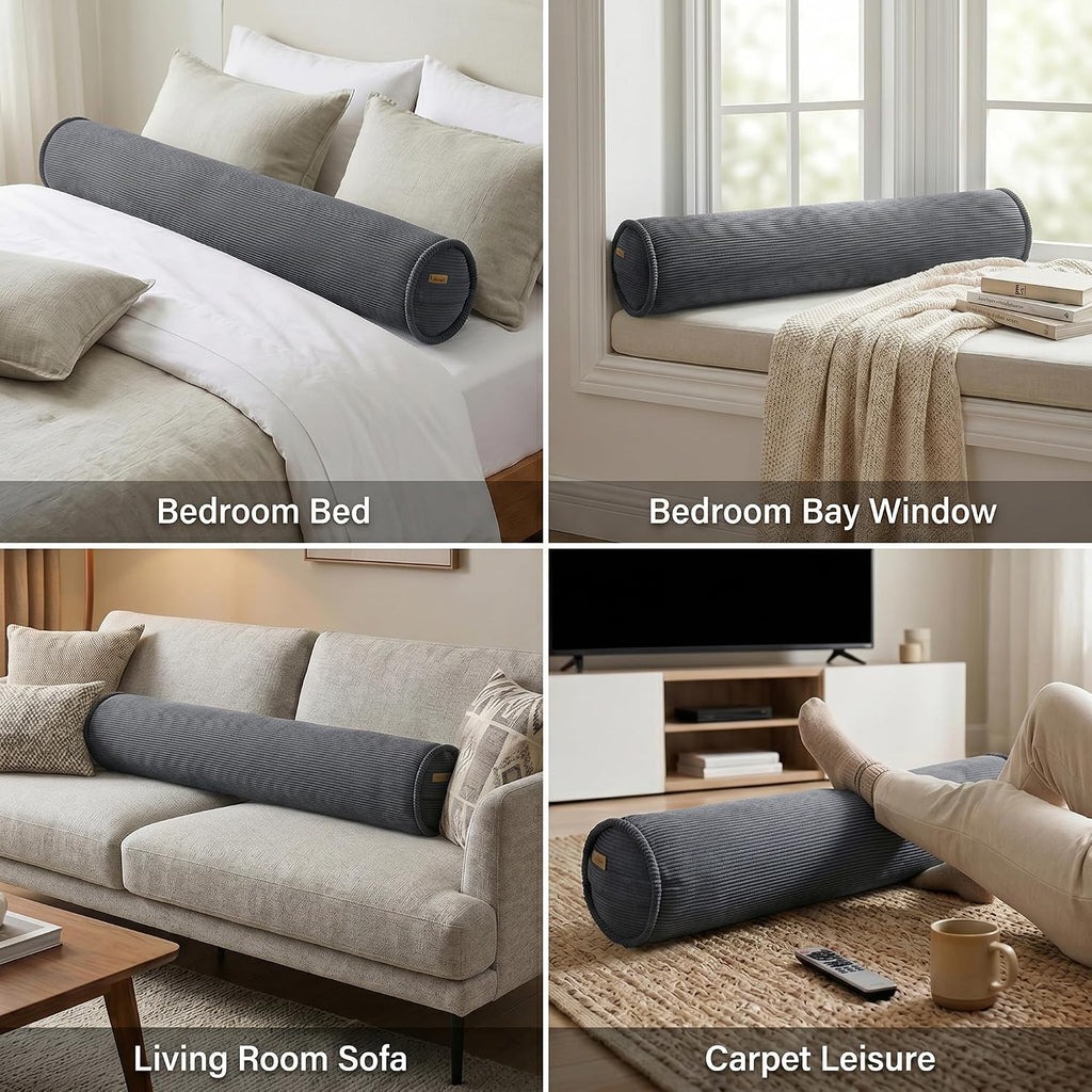 Corduroy Full Body Cylinder Pillow for Adults, Cozy Bolster Pillow for Bed & Sofa, Soft Support Hugging Pillow, 59 x 7.87 Inches, Dark Grey