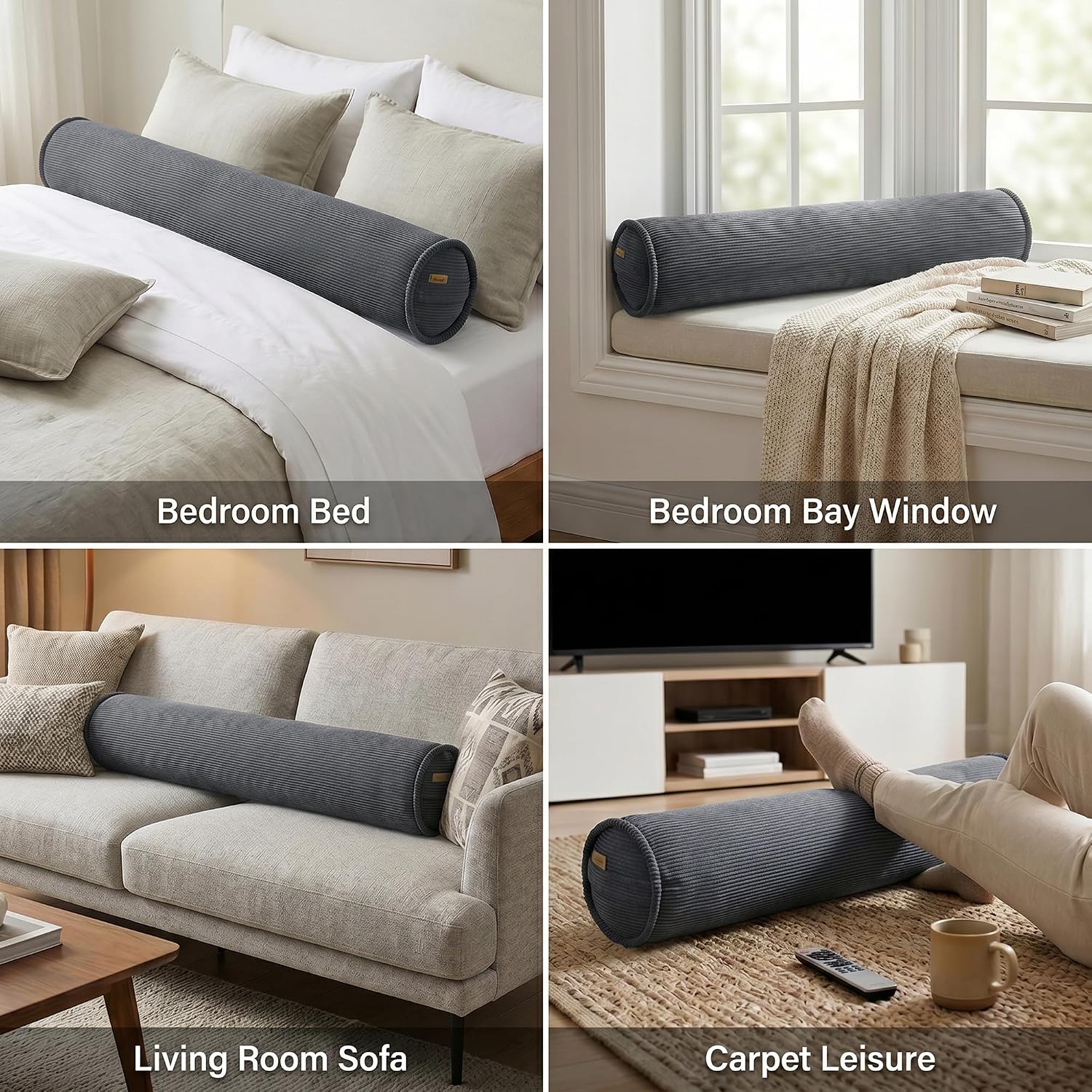 Corduroy Full Body Cylinder Pillow for Adults, Cozy Bolster Pillow for Bed & Sofa, Soft Support Hugging Pillow, 59 x 7.87 Inches, Dark Grey