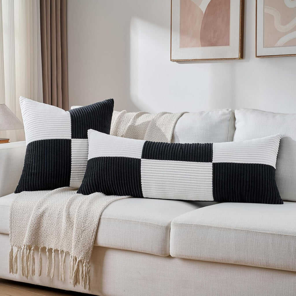Fancy Homi Set of 2 Black White Decorative Throw Pillow Covers 18x18 Inch with for Couch Bed Sofa Living Room, Soft Cross Patchwork…