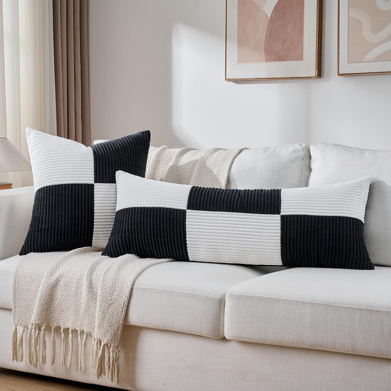 Fancy Homi Set of 2 Black White Decorative Throw Pillow Covers 18x18 Inch with for Couch Bed Sofa Living Room, Soft Cross Patchwork…