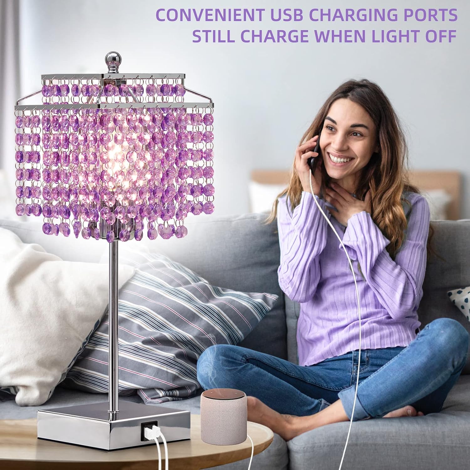 Luvkczc Crystal Table Lamp, Touch Lamp with USB C+A Ports, Dimmable Lamp with Crystal Shade, Purple Nightstand Lamp for Girl Bedroom…
