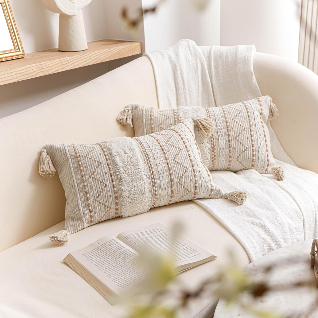 BlissBlush Decorative Lumbar Throw Pillow Covers 12x20 Combo Set of 2 Cream Neutral Rectangular Boho Accent Pillowcase Farmhouse Cushion…