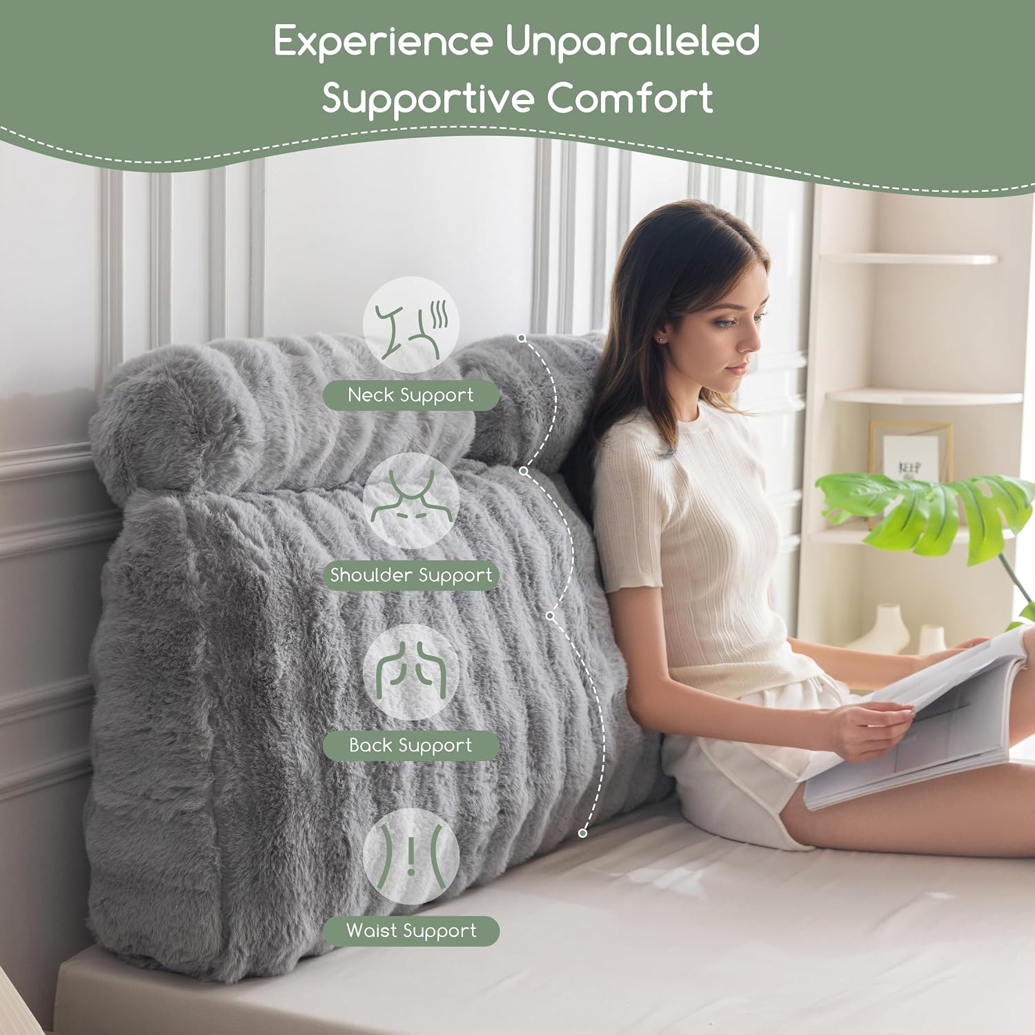 HIGOGOGO Headboard Pillow Queen, Ultra-Soft Wedge Pillow with 2 Cylindrical Neck Pillows, Memory Foam Filling, Back Support Pillows for Bed…
