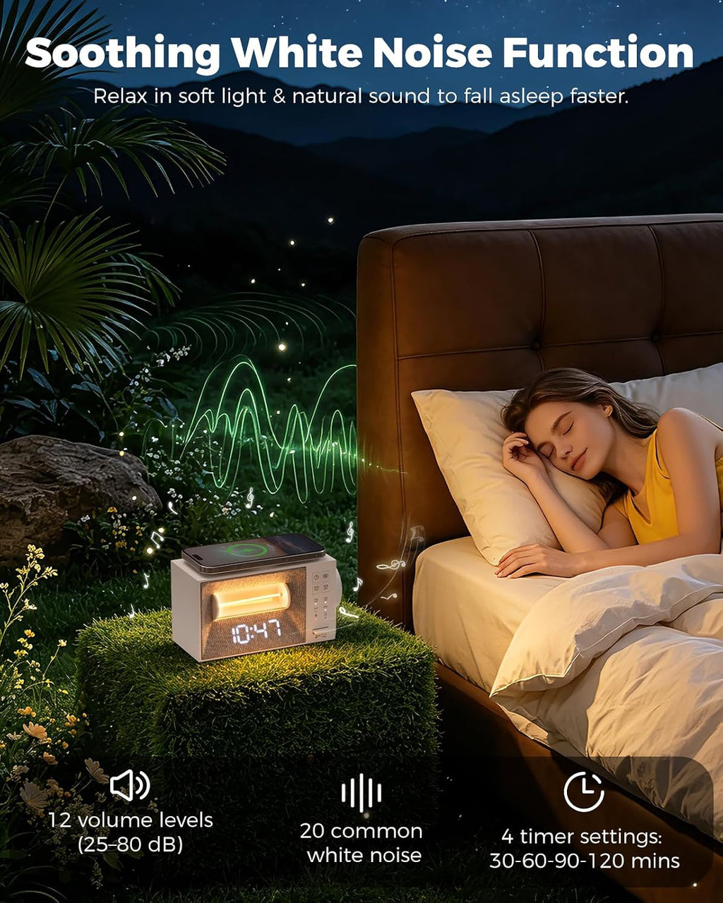BokefoPersonalCare Alarm Clock with 15W Wireless Charger, White Noise Machine with 20 Soothing Sounds, Sunrise Wake Up Light for Bedrooms,…