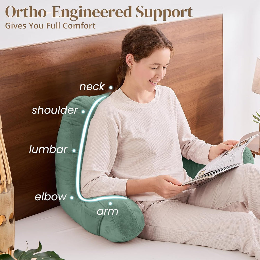 Sasttie Reading Pillow, Pillows for Reading or Relaxing – Ergonomic Support for Head, Neck, Back, and Lumbar, 21-Inch, Green Green