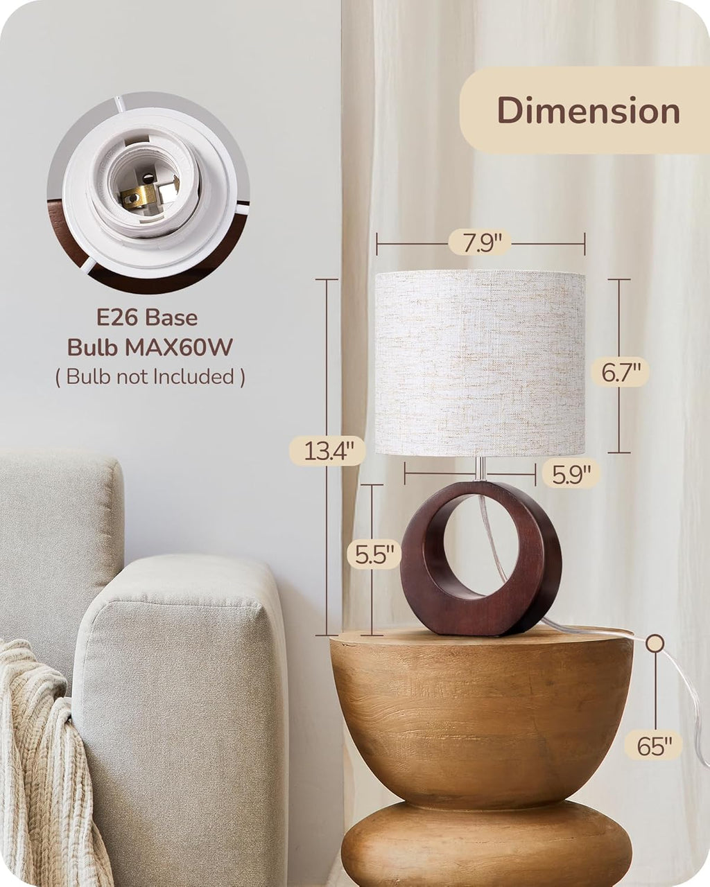 EDISHINE 13.4" Samll Wood Table Lamp, Modern Bedside Lamp with Beige Linen Lampshade & ON-Off Switch, E26 Base, Nightstand Lamp for…