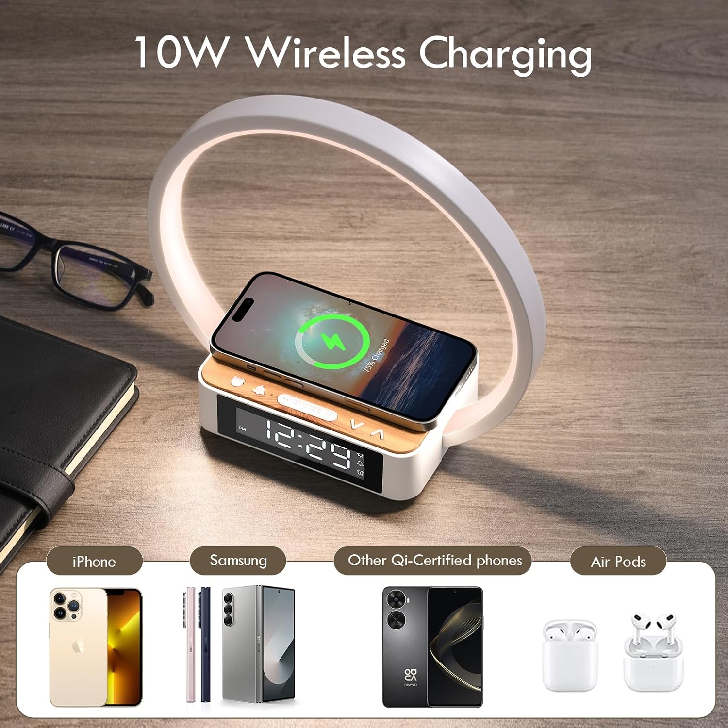 Wilit Bedside Lamp with Alarm Clock, Touch Lamp with Wireless Charger, Nightlight for Bedroom, Sunrise Wake-up Light,3-Grade Dimmable, Birthday…